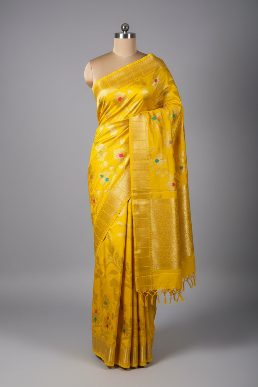 Bright Yellow Meenakari Chinia Silk Banarasi Saree