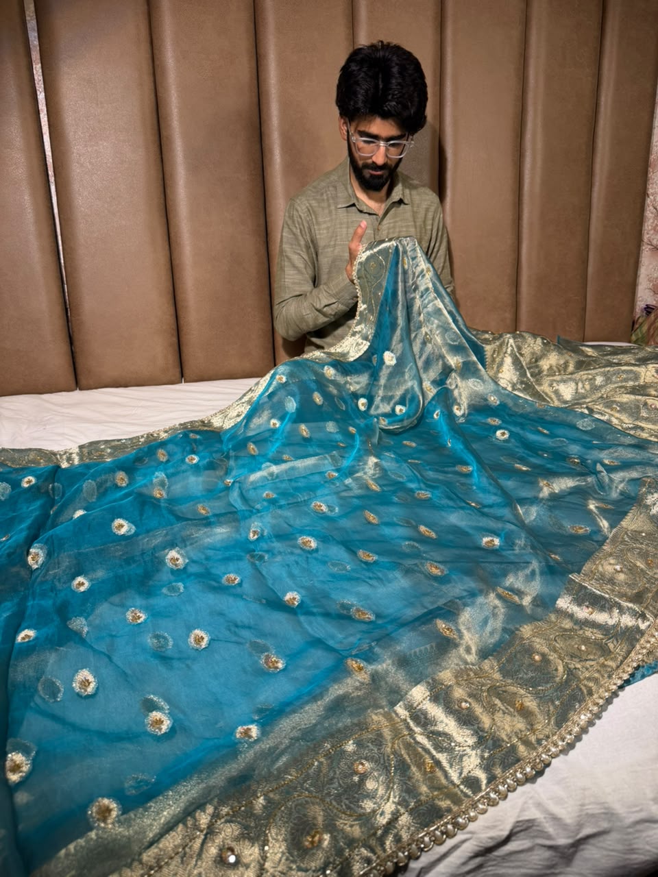 Sea Green Pure Tissue Silk Handwork Saree