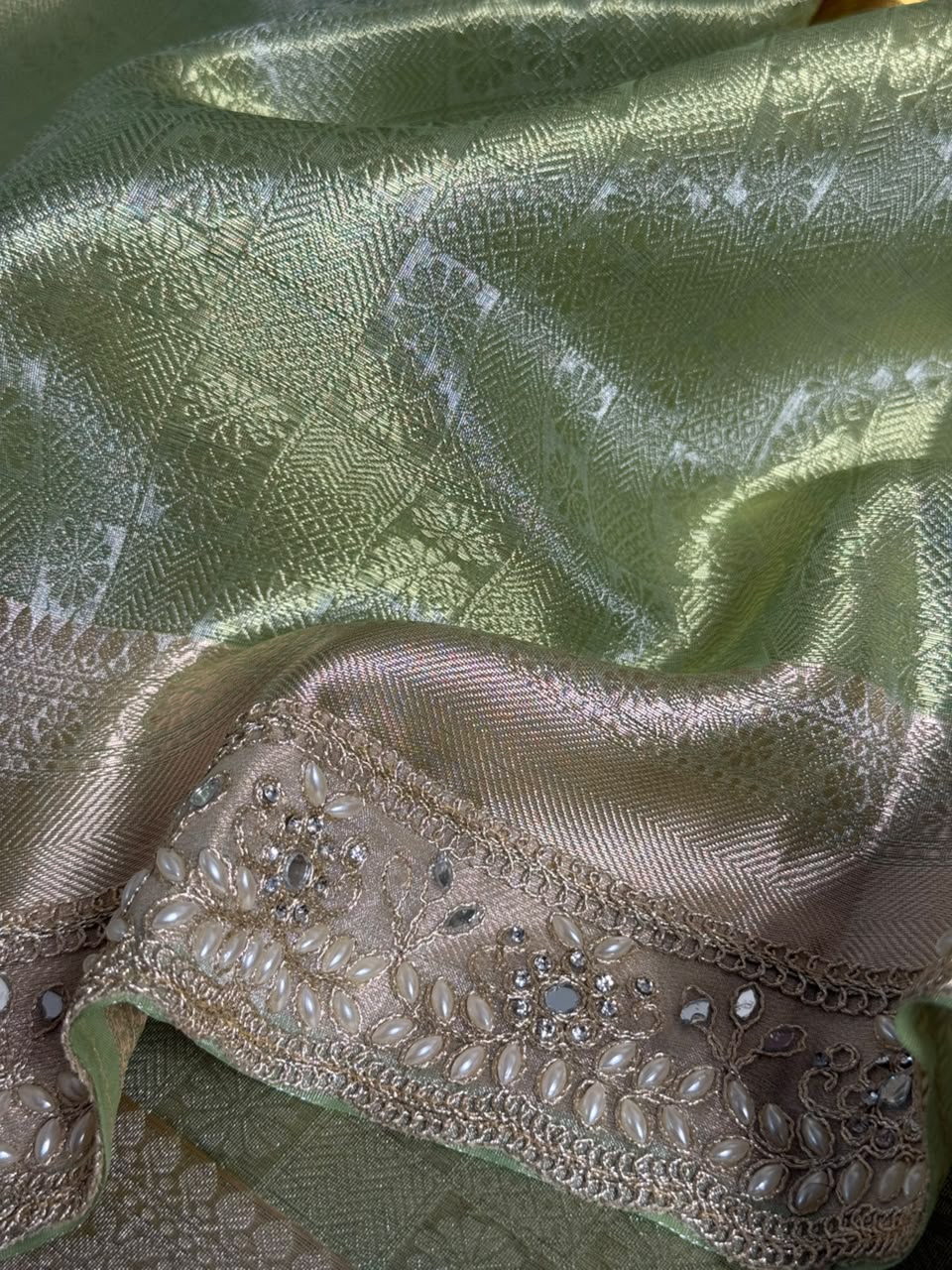 Metallic Green Kanjivaram Brocade Tissue Silk Lace Work Saree