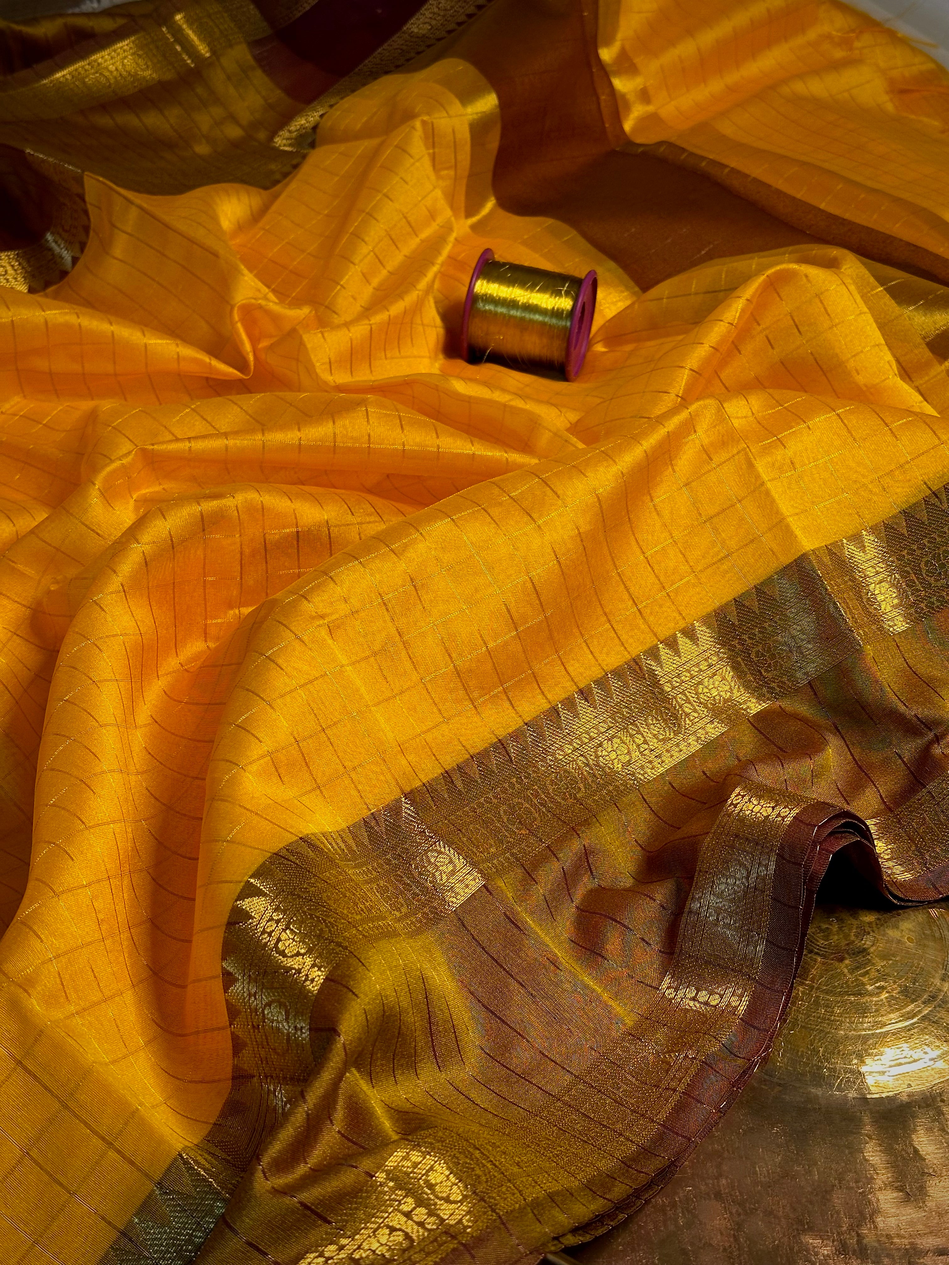Light Yellow Checks Cotton Banarasi Saree