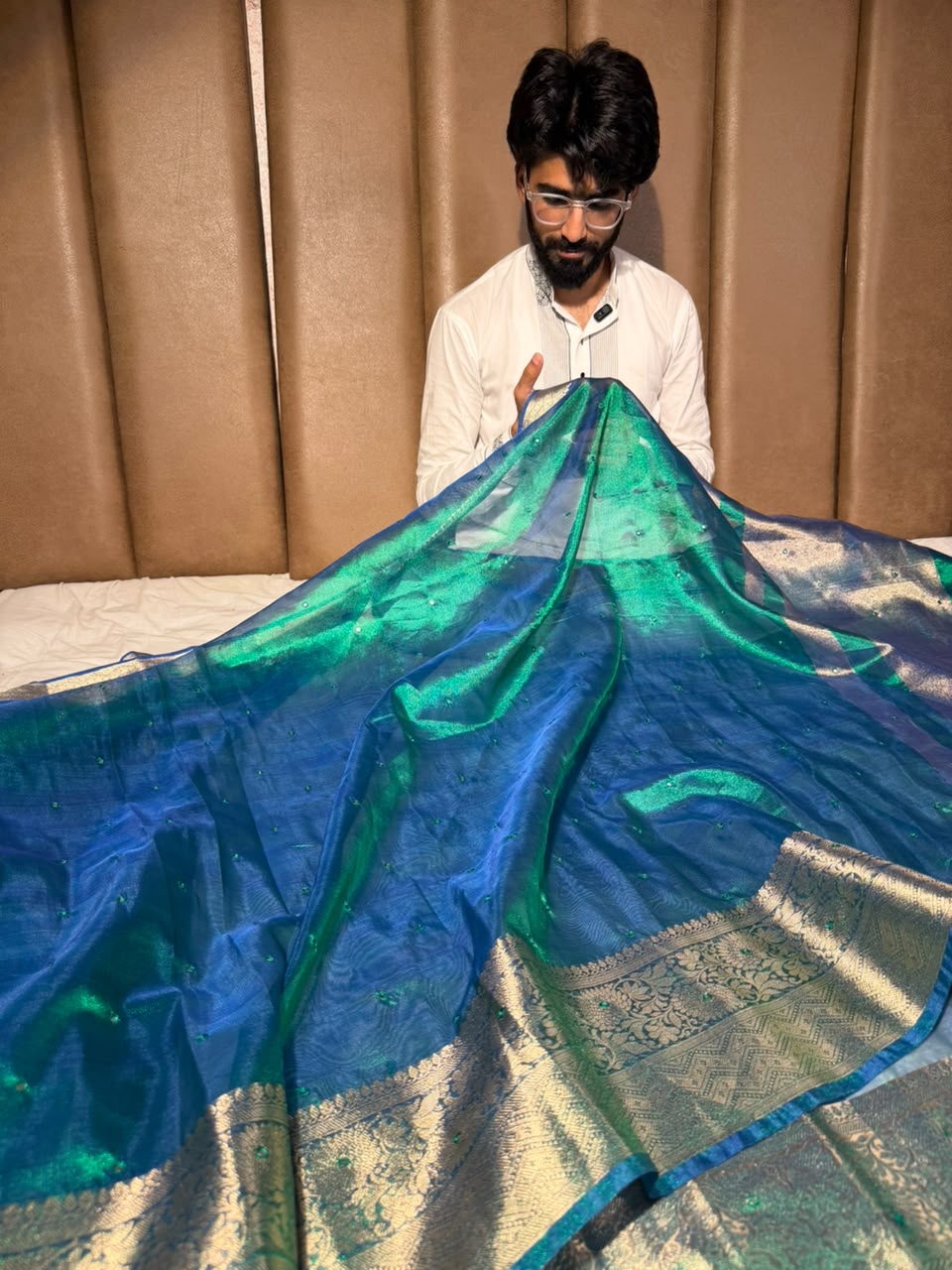 Rare Peacock Shade Kora Tissue Mirror Work saree