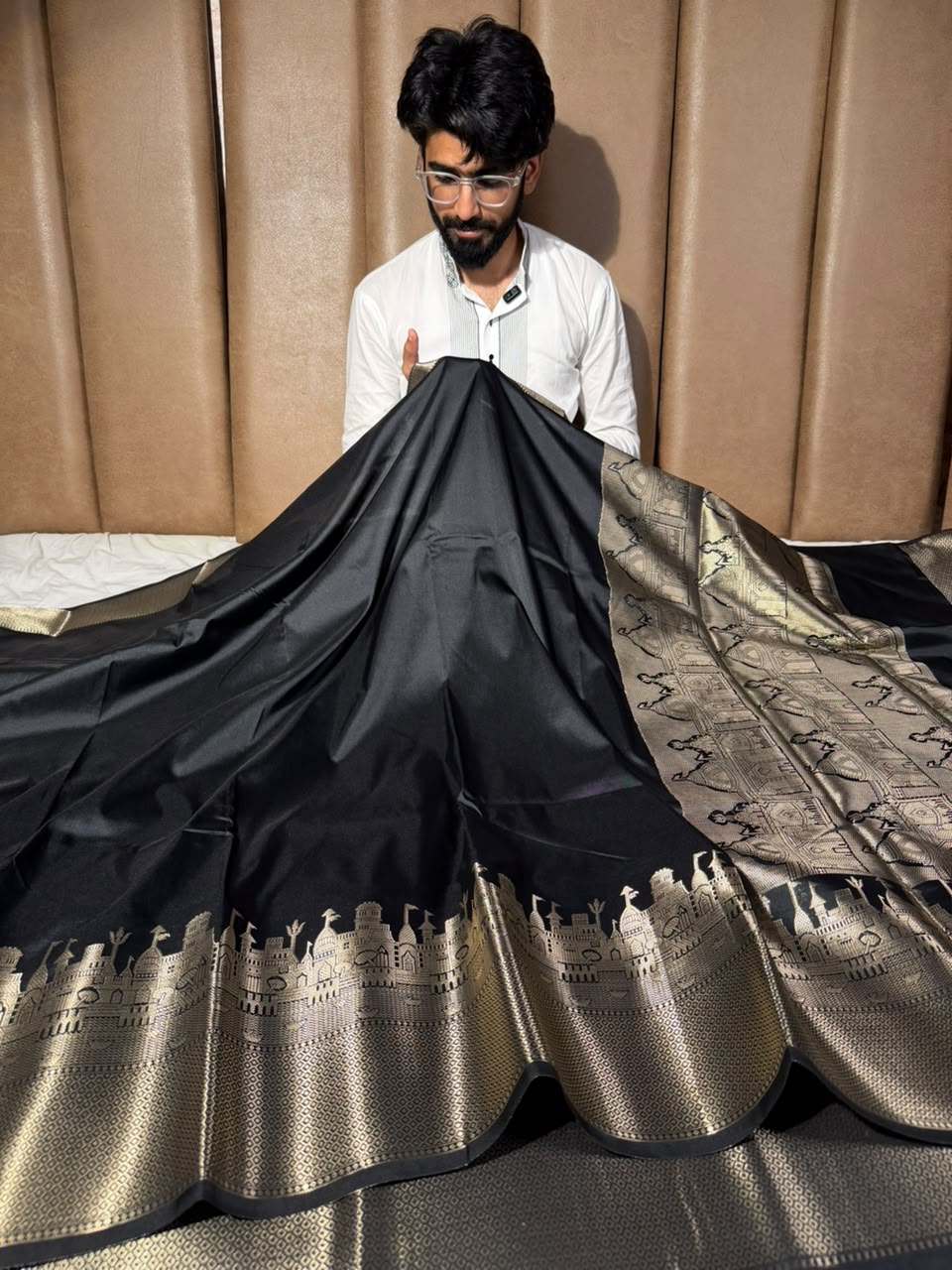 Jet Black Ghats Of Banarasi Soft Banarasi Silk Saree
