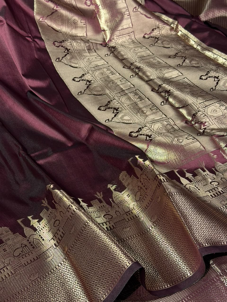 Jet Wine Ghats Of Banarasi Soft Banarasi Silk Saree