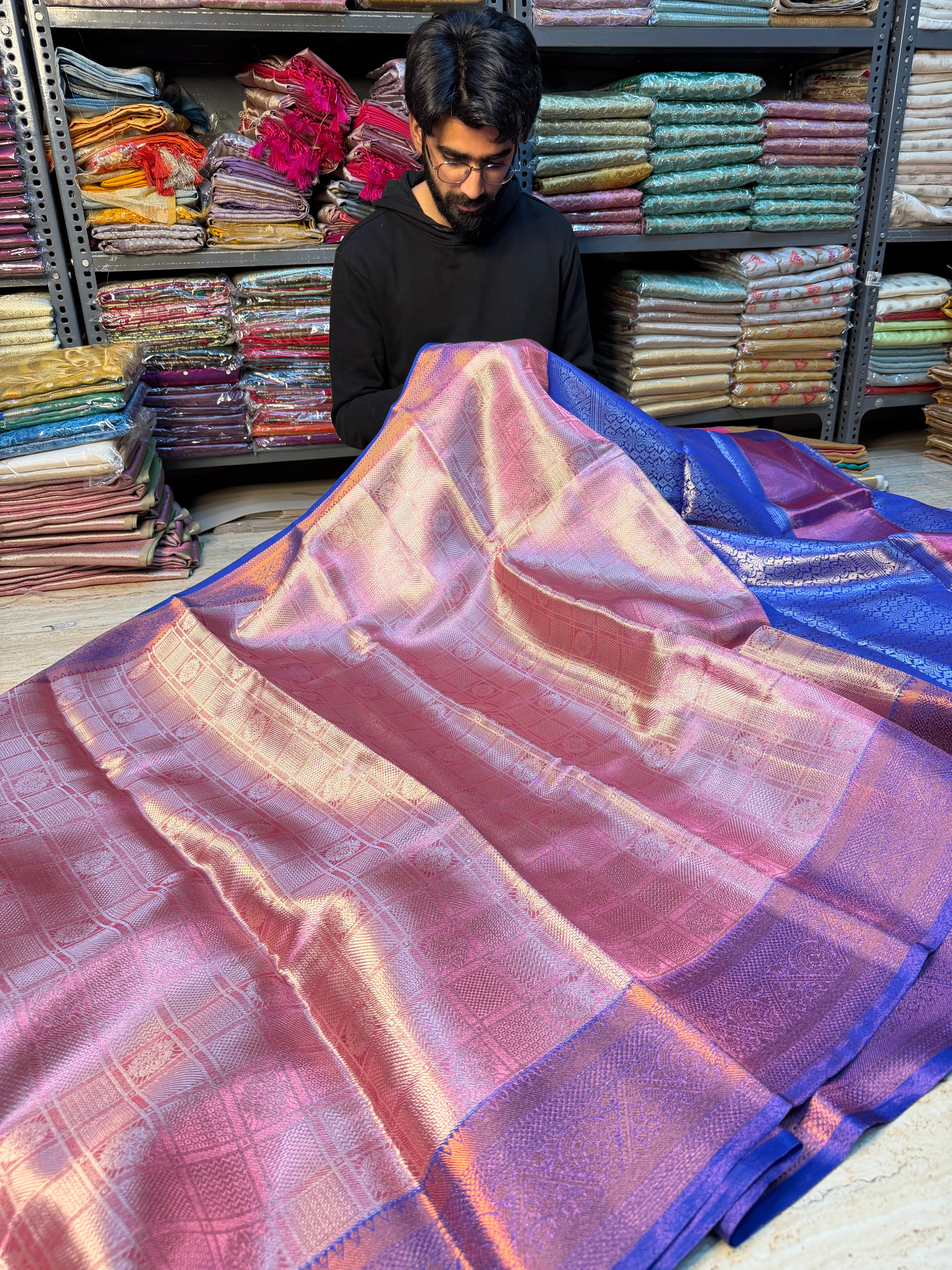 Metallic rani kanjivaram embossed tissue saree