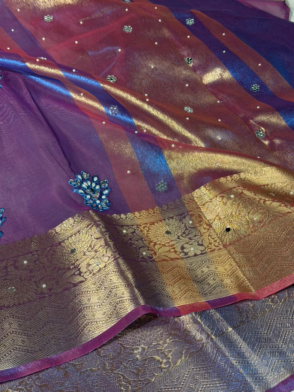 Cobalt Blue Kora Tissue Handwork Buta Saree