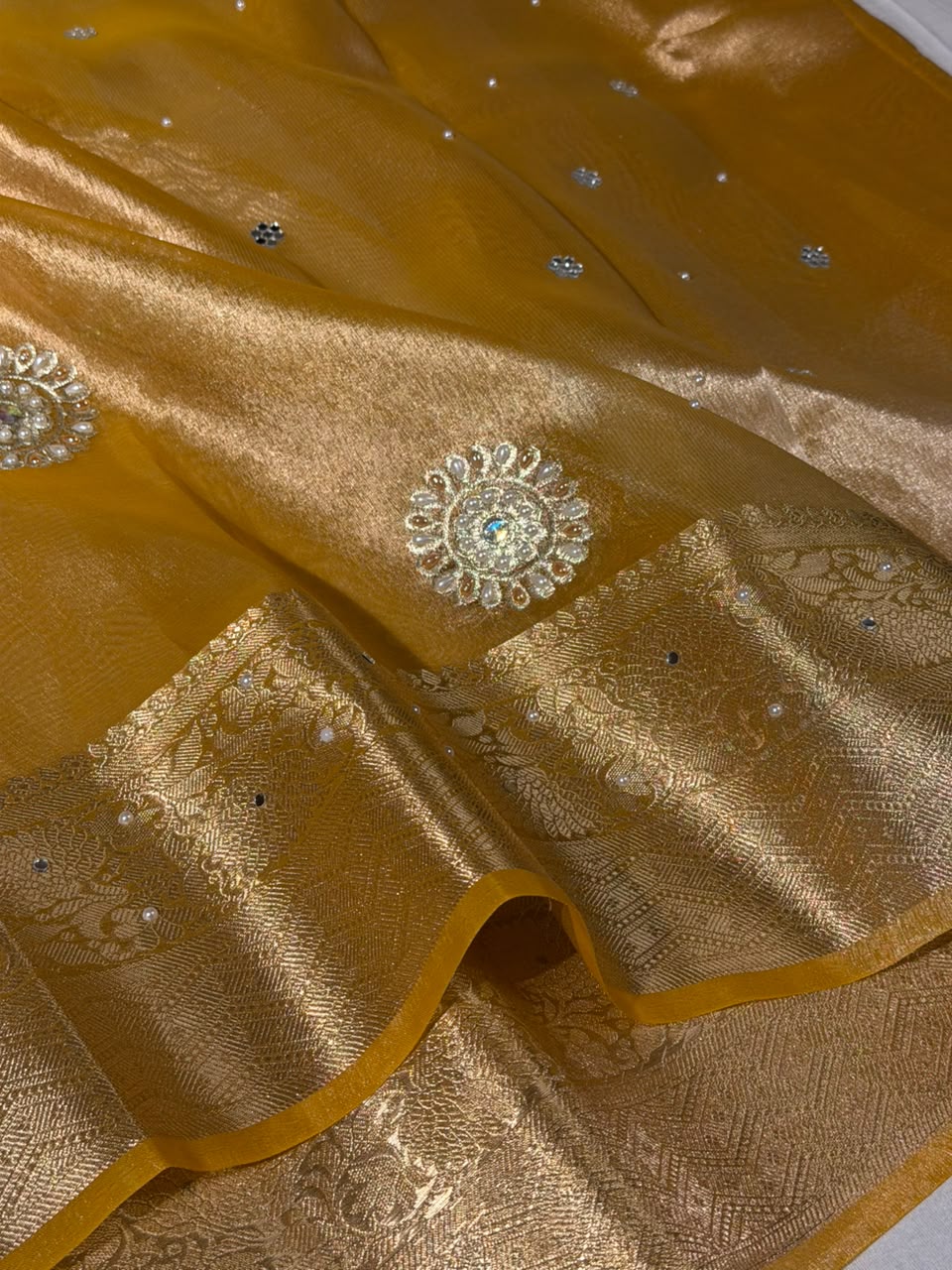 Metallic Yellow Kora Tissue Handwork Buta Saree