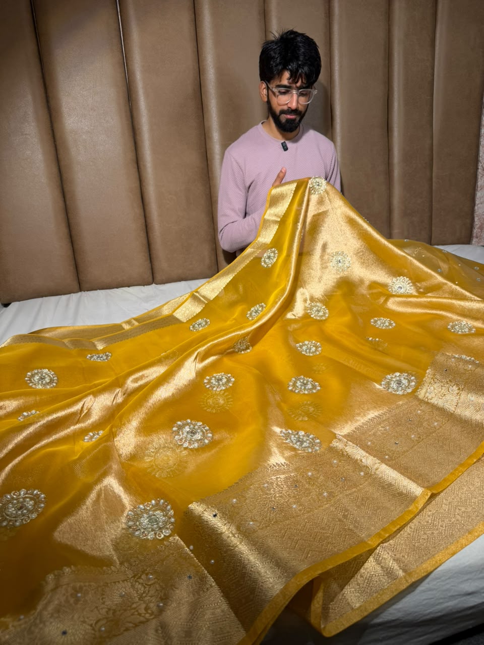Metallic Yellow Kora Tissue Handwork Buta Saree