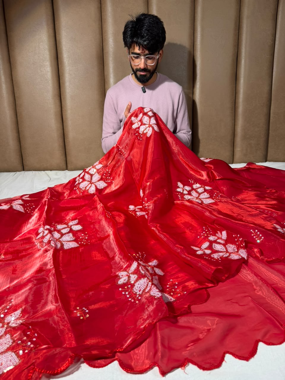 Bright Red Shimmery Tissue Sequins Buta Saree