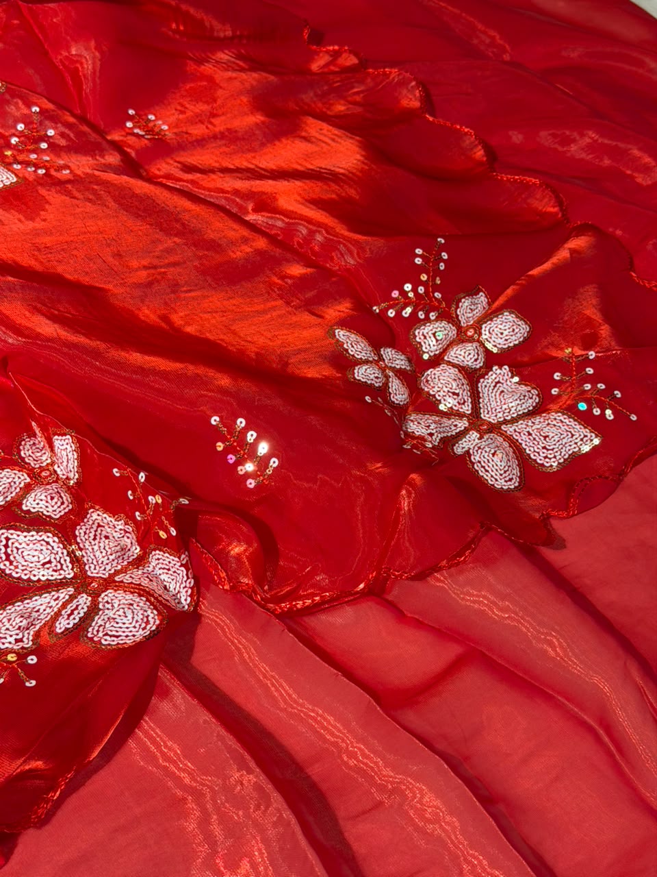 Bright Red Shimmery Tissue Sequins Buta Saree