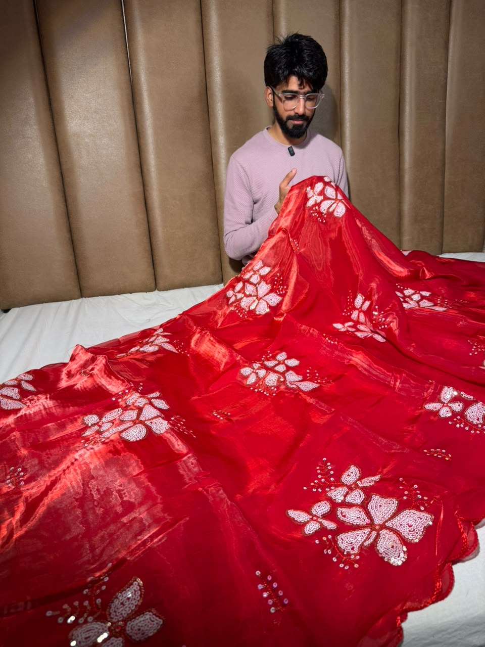 Bright Red Shimmery Tissue Sequins Buta Saree