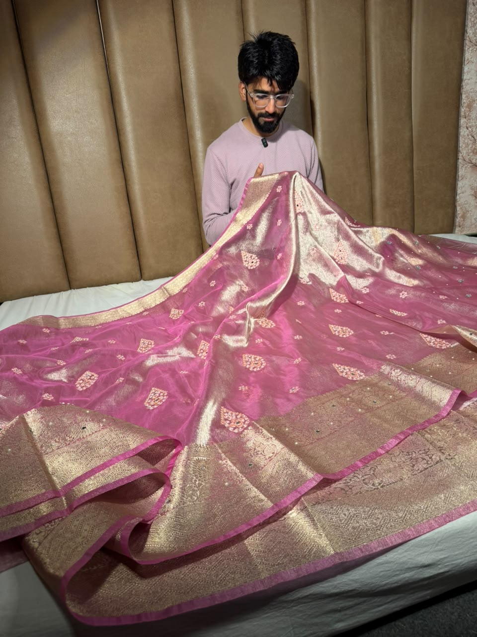 Barbie Pink Kora Tissue Handwork Buta Saree