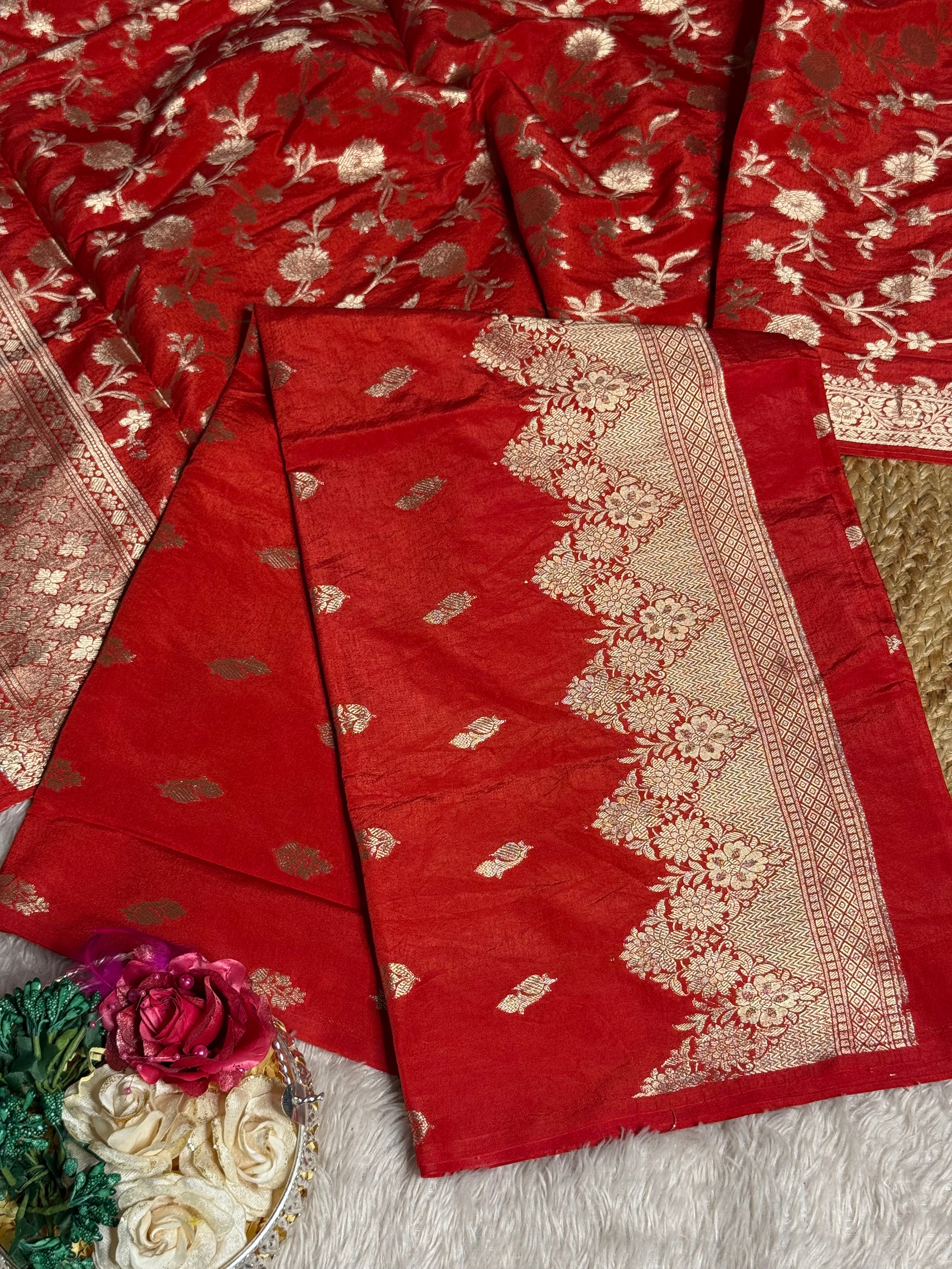 Red Chinia silk premium handwork Banarasi suit