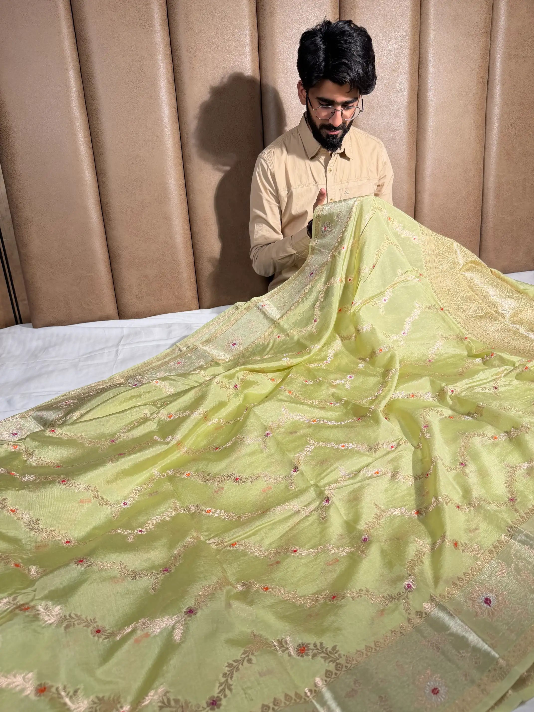 Pista Meenakari Weave Chinia Silk Banarasi Saree