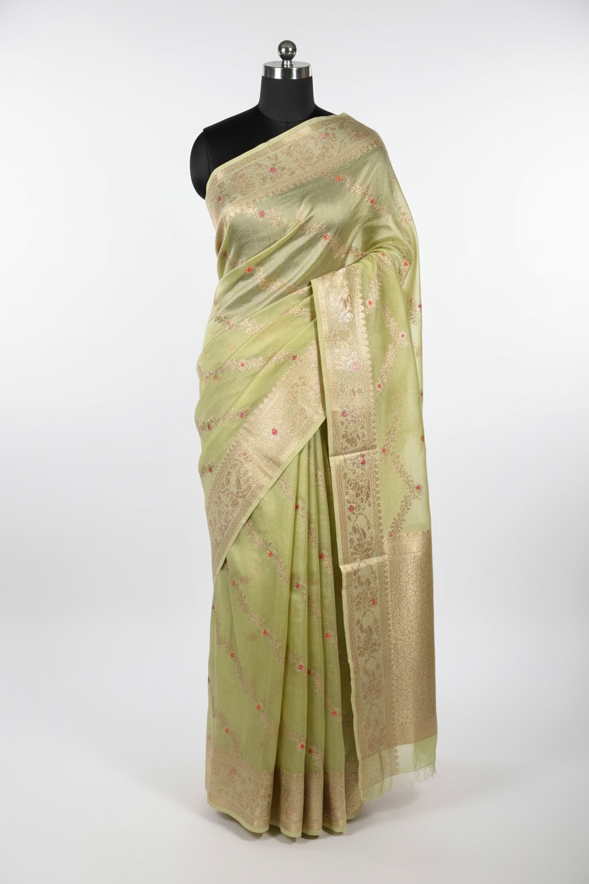Pista Meenakari Weave Chinia Silk Banarasi Saree