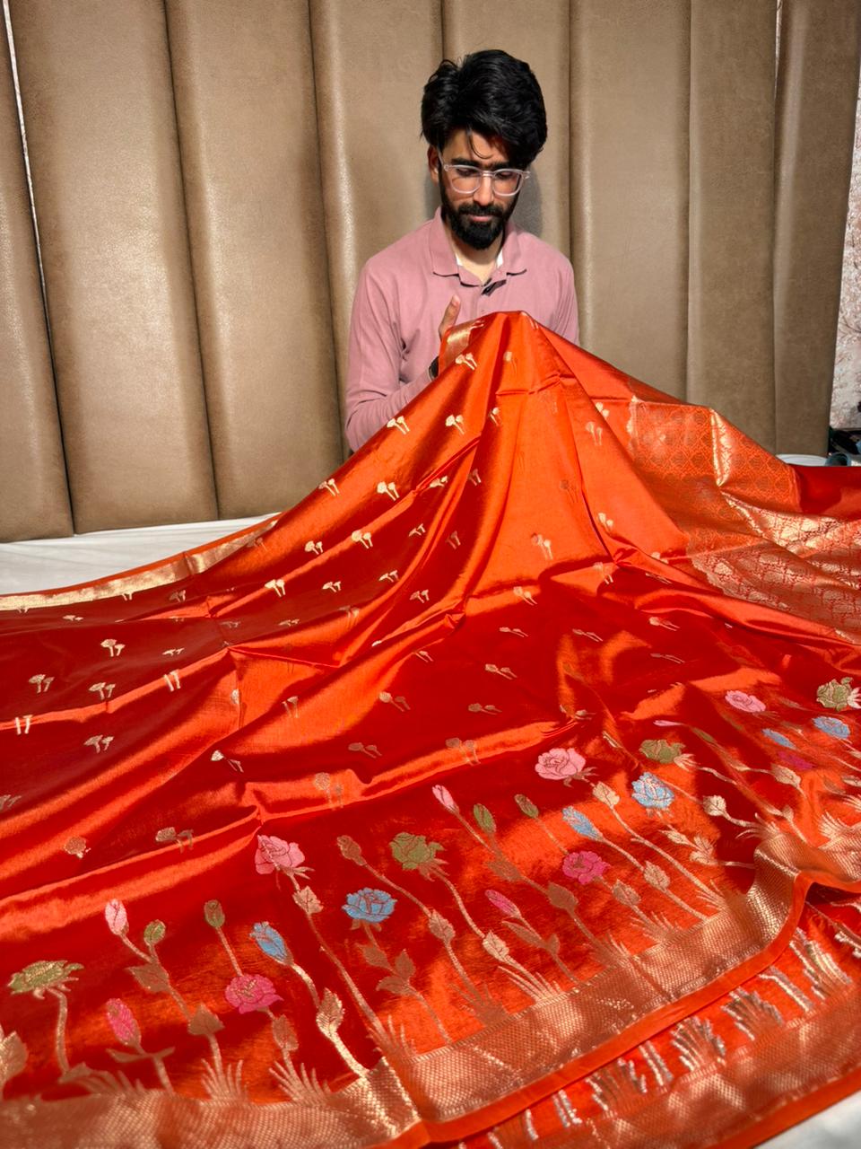Rust Orange Floral Border Chinia Silk Banarasi Saree