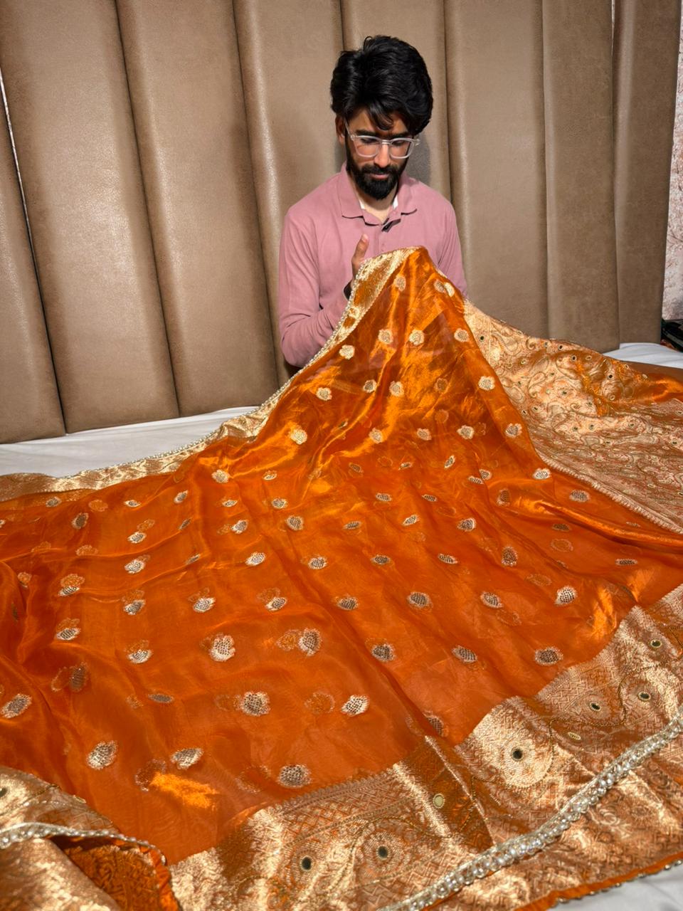 Metallic Orange Pure Tissue Silk Handwork Banarasi Saree