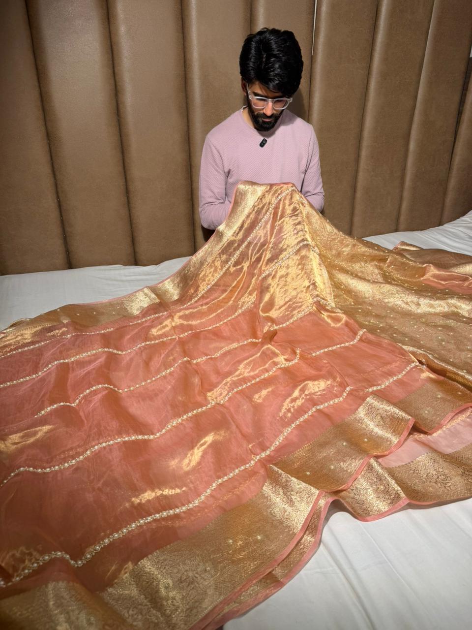 Light Peach Pure Tissue Silk Moti Handwork Saree