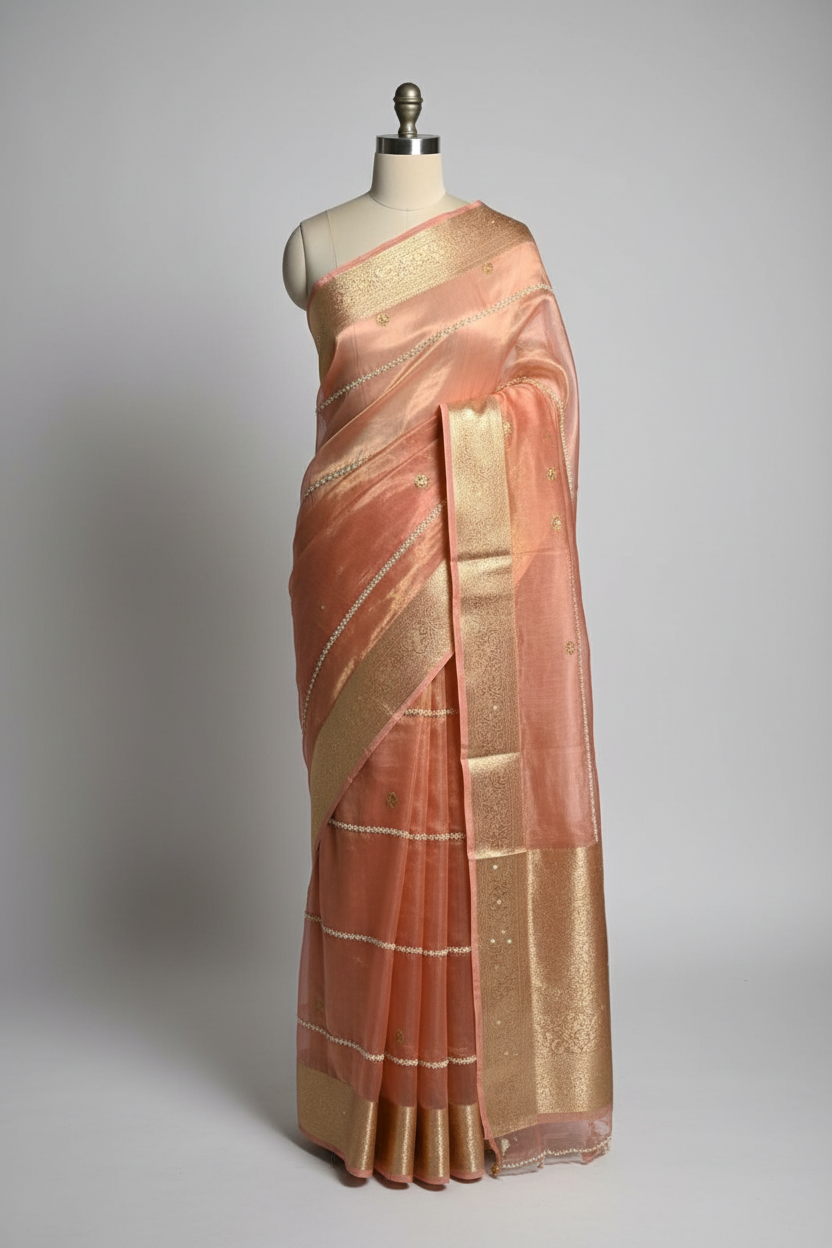 Light Peach Pure Tissue Silk Moti Handwork Saree