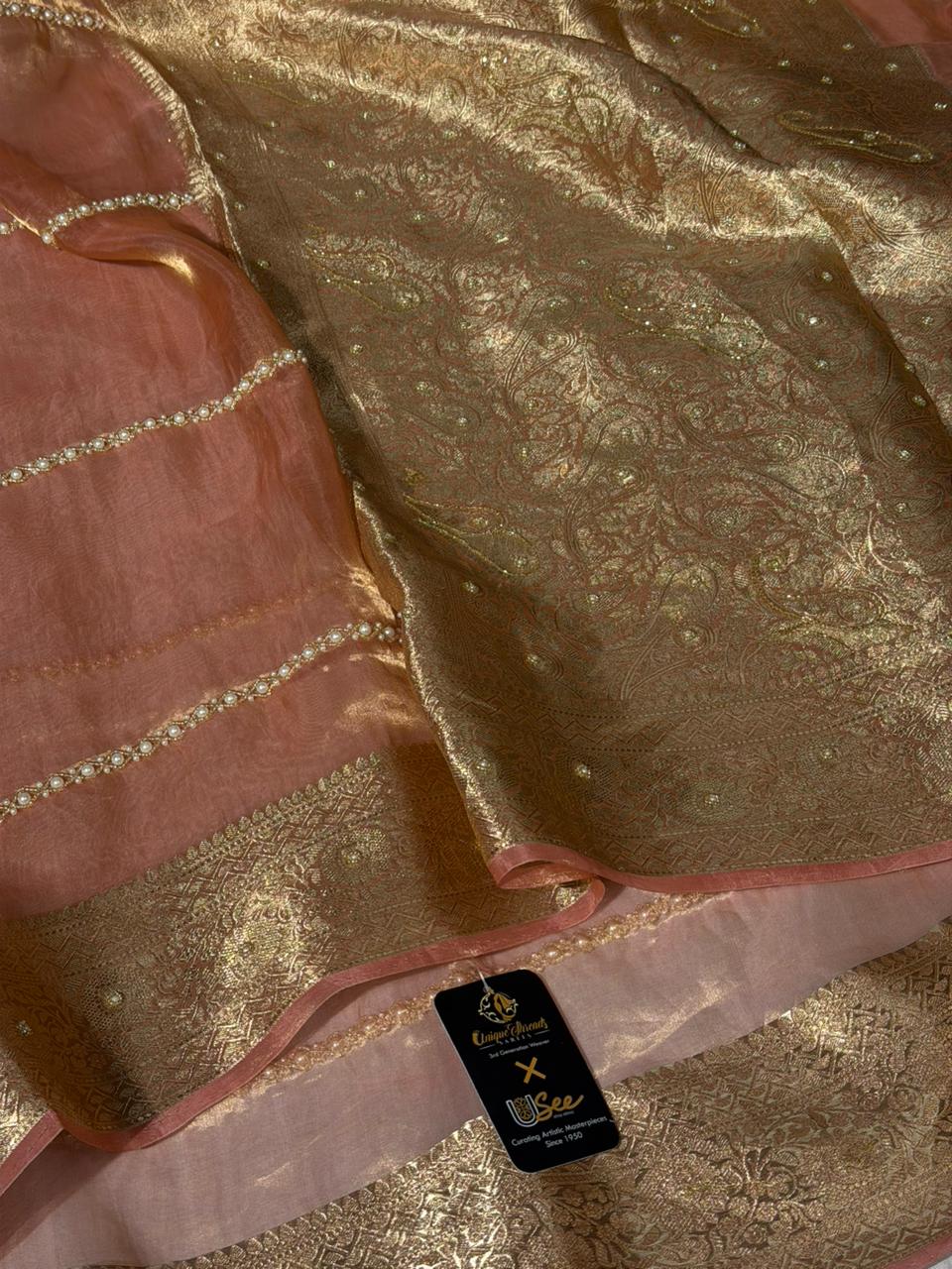 Light Peach Pure Tissue Silk Moti Handwork Saree