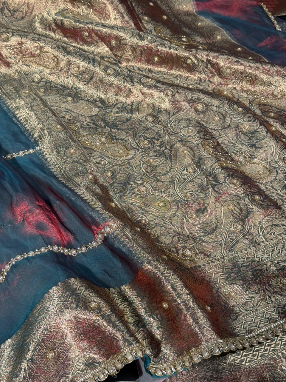 German Blue Pure Tissue Pearl Handwork Saree