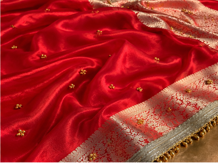 Metallic Red Kora Tissue Viral Ghungroo Saree