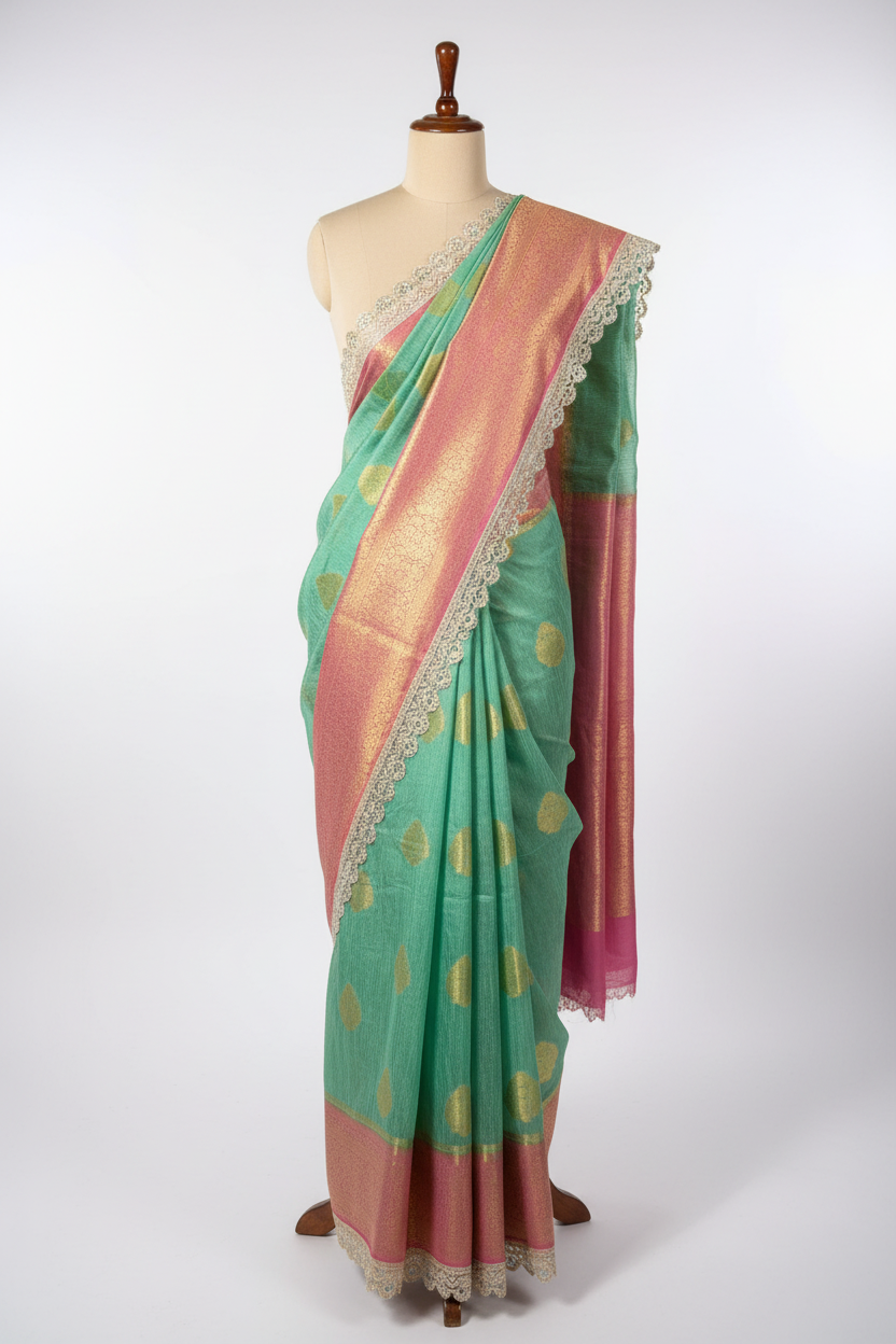 Mint Green Matka Silk Pearl Gota Designer Sare