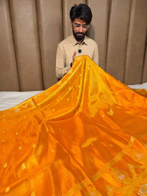 Metallic Orange Breathable Soft Tissue Banarasi Saree