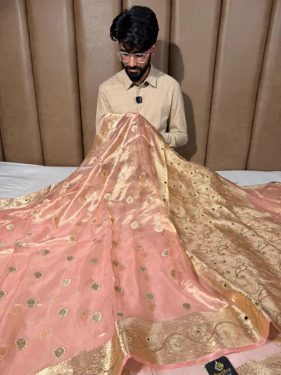 Metallic Peach Pure Tissue Silk Handwork saree