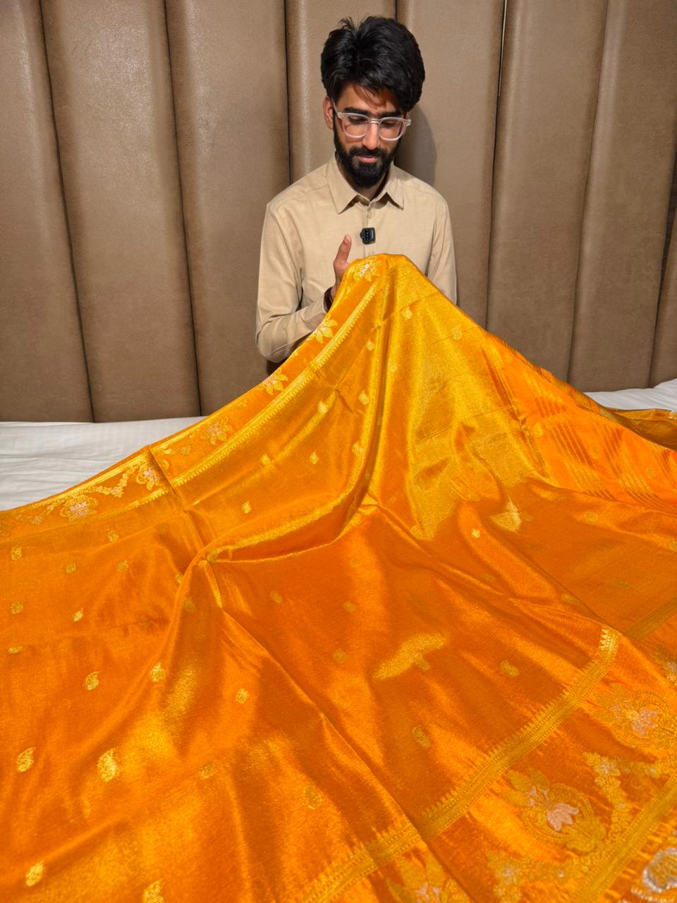 Metallic Orange Breathable Soft Tissue Banarasi Saree