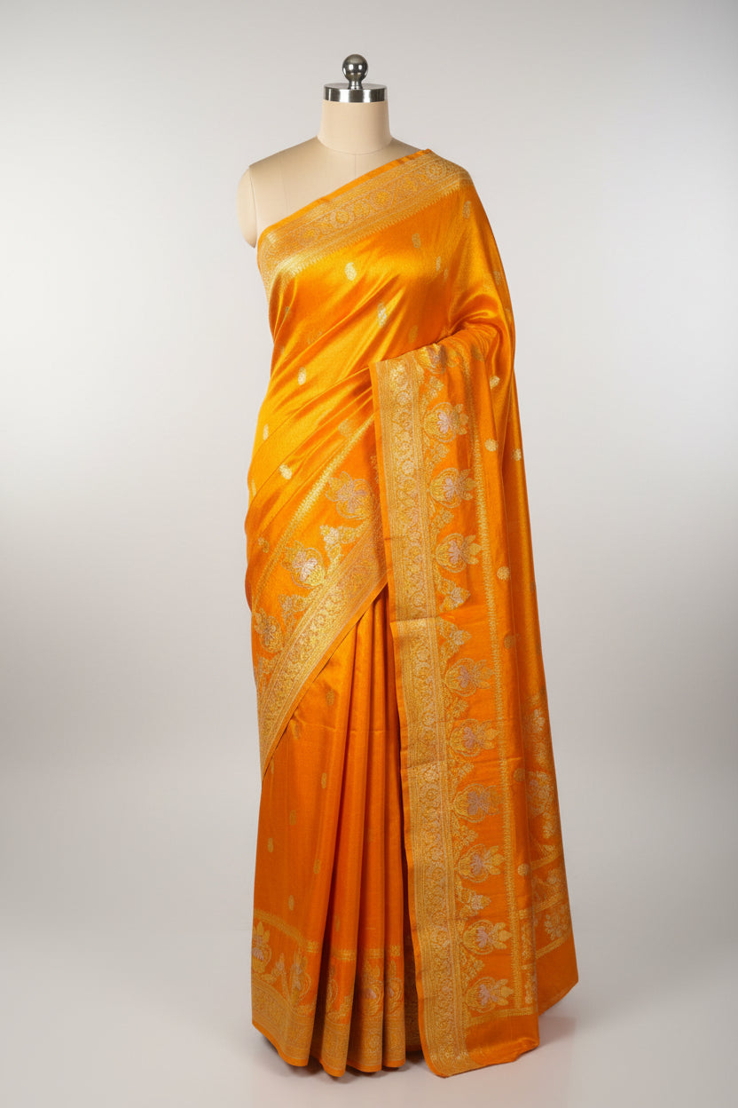 Metallic Orange Breathable Soft Tissue Banarasi Saree