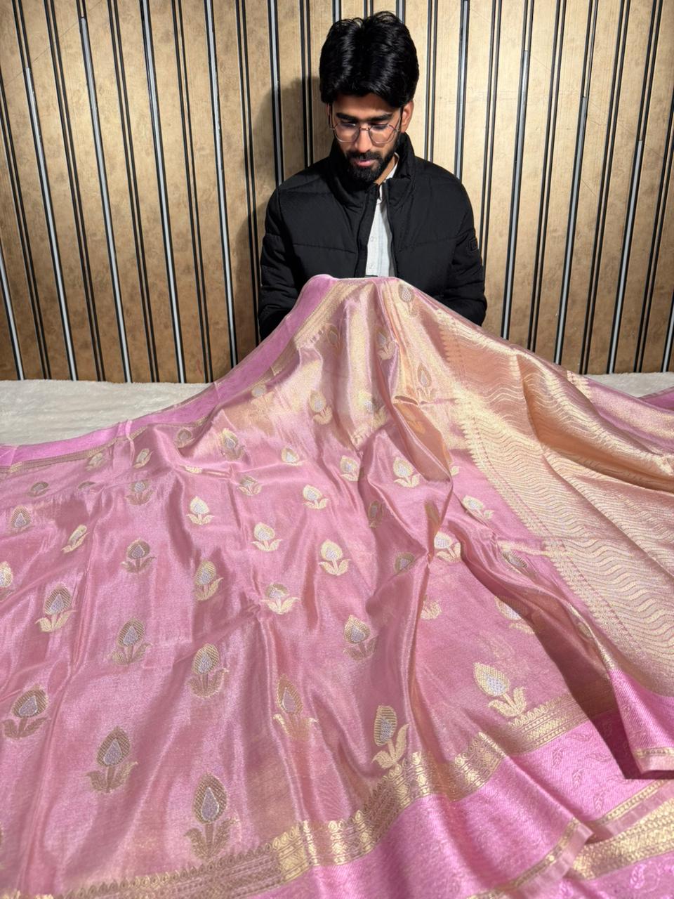 Barbie Pink Breathable Soft Tissue Banarasi Saree