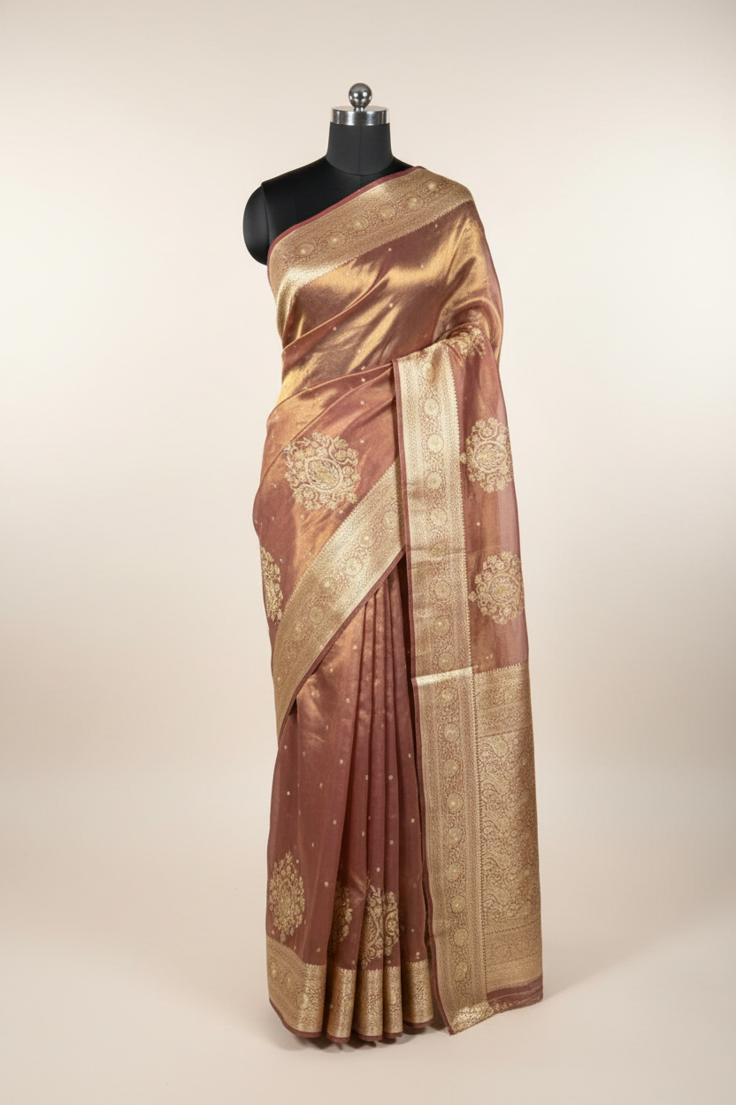 Coffee Brown Pure Tissue Silk Intricate Handwork Saree