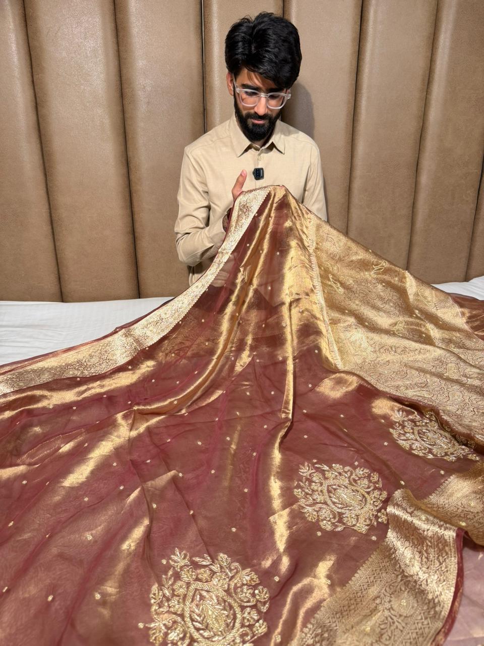 Coffee Brown Pure Tissue Silk Intricate Handwork Saree
