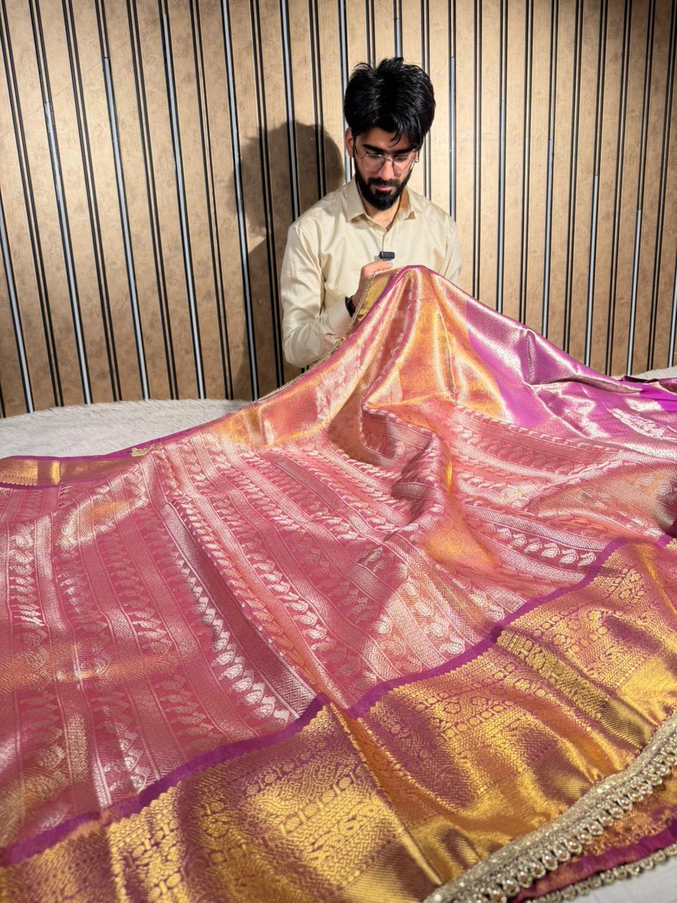 Dual Shaded Kanjivaram Embossed Tissue Saree with Lace Work