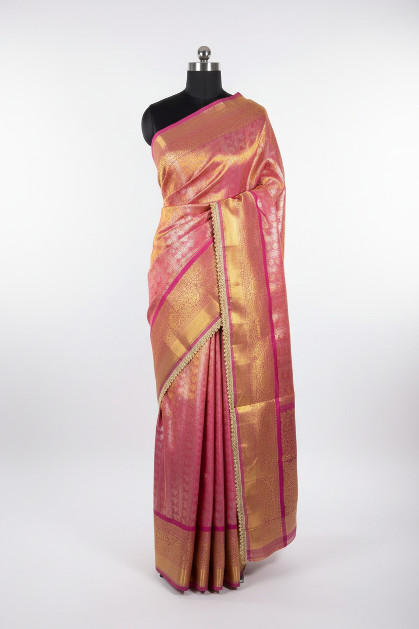 Dual Shaded Kanjivaram Embossed Tissue Saree with Lace Work