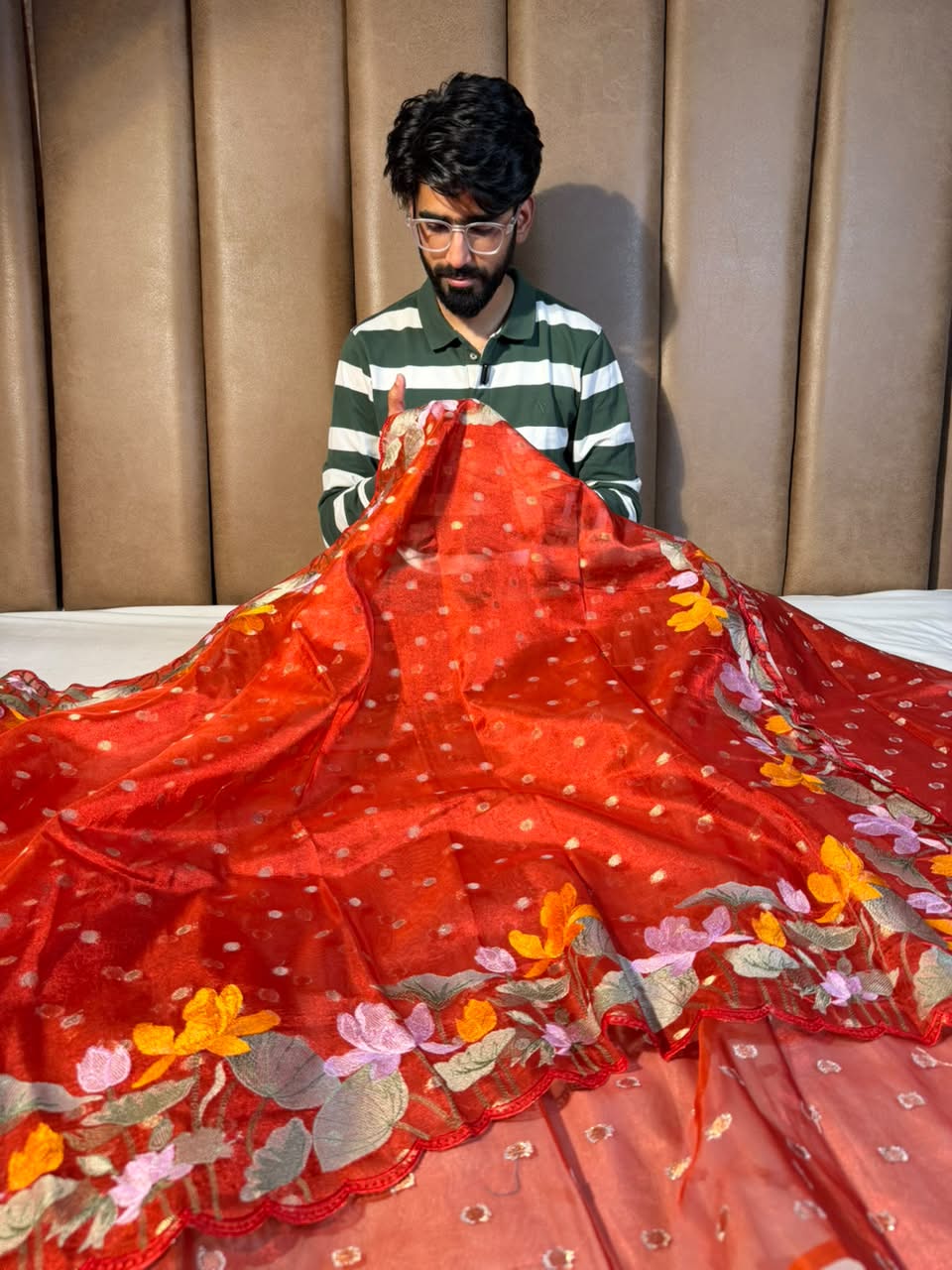 Metallic Red Kora Tissue Crochet Embroided Saree