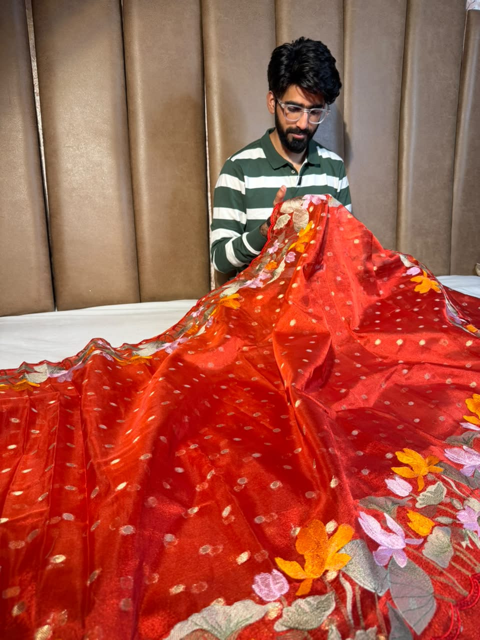 Metallic Red Kora Tissue Crochet Embroided Saree