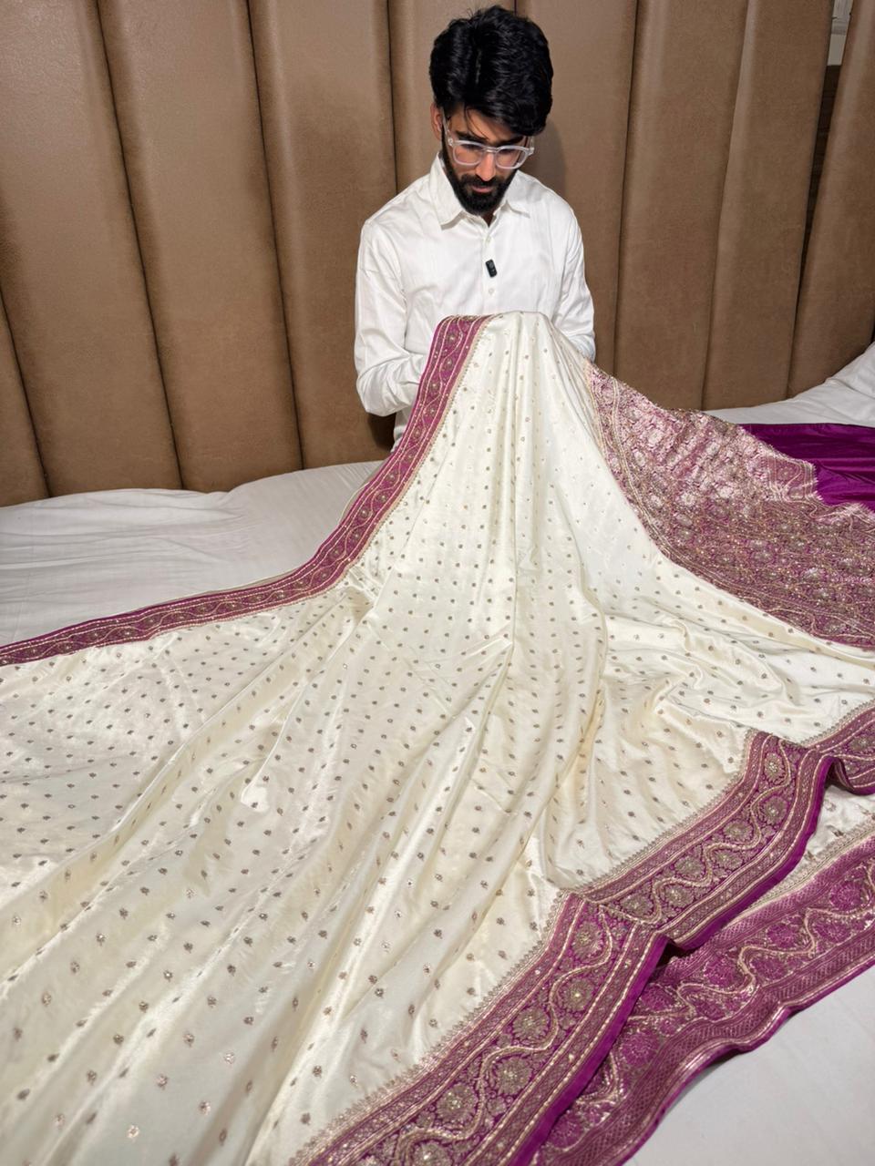 Cream - Majenta Mashru Katan Silk Zardosi Handwork Saree
