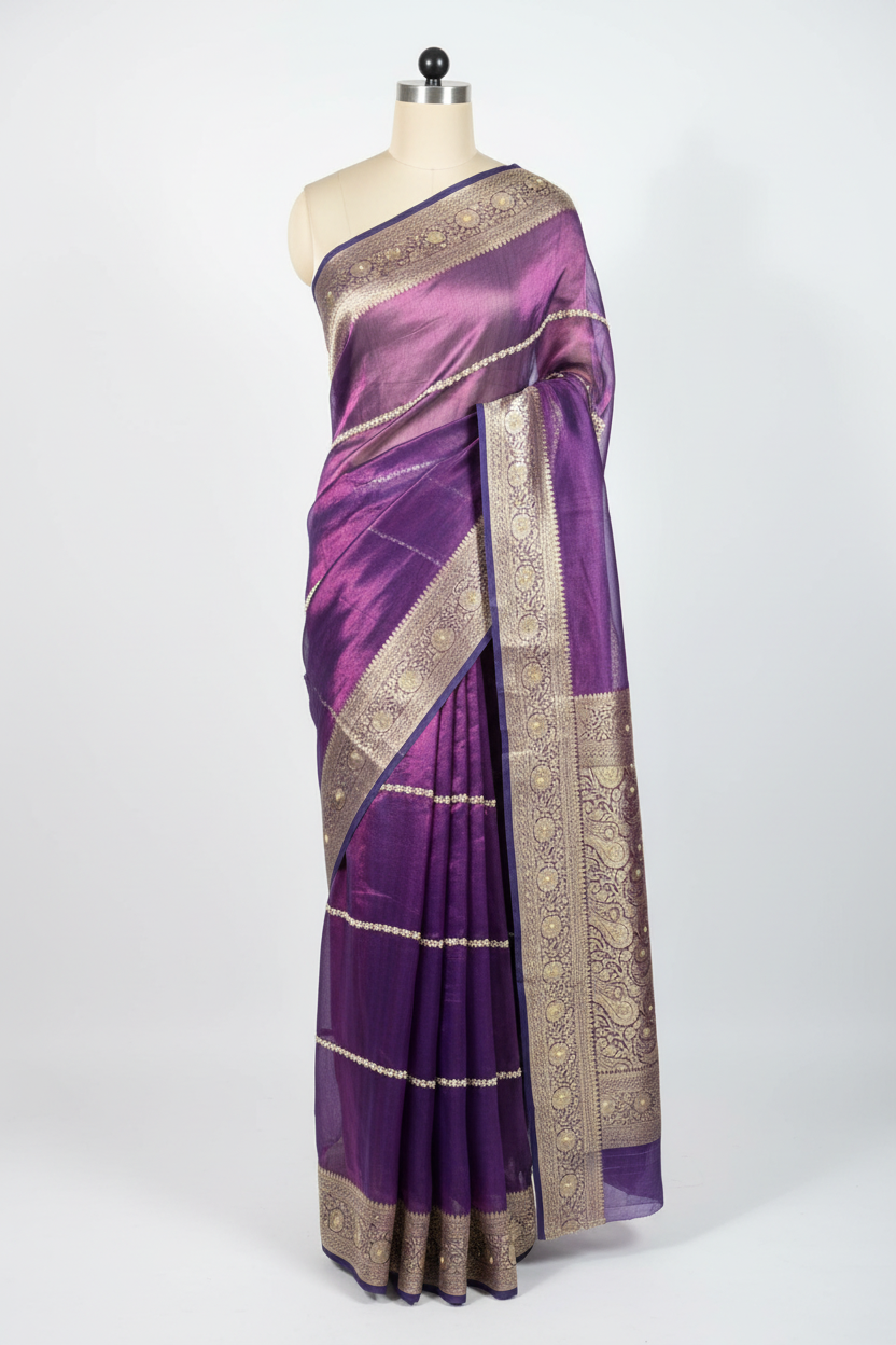 Metallic Purple Pure Tissue Silk Moti Handwork Saree