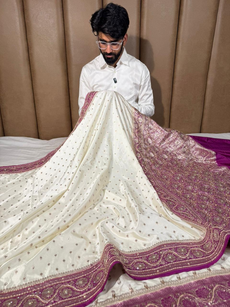 Cream - Majenta Mashru Katan Silk Zardosi Handwork Saree