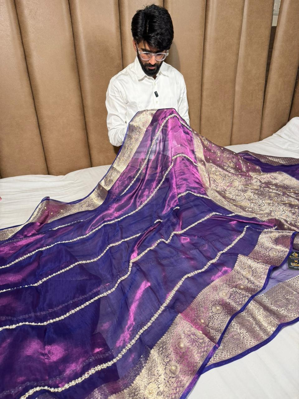 Metallic Purple Pure Tissue Silk Moti Handwork Saree