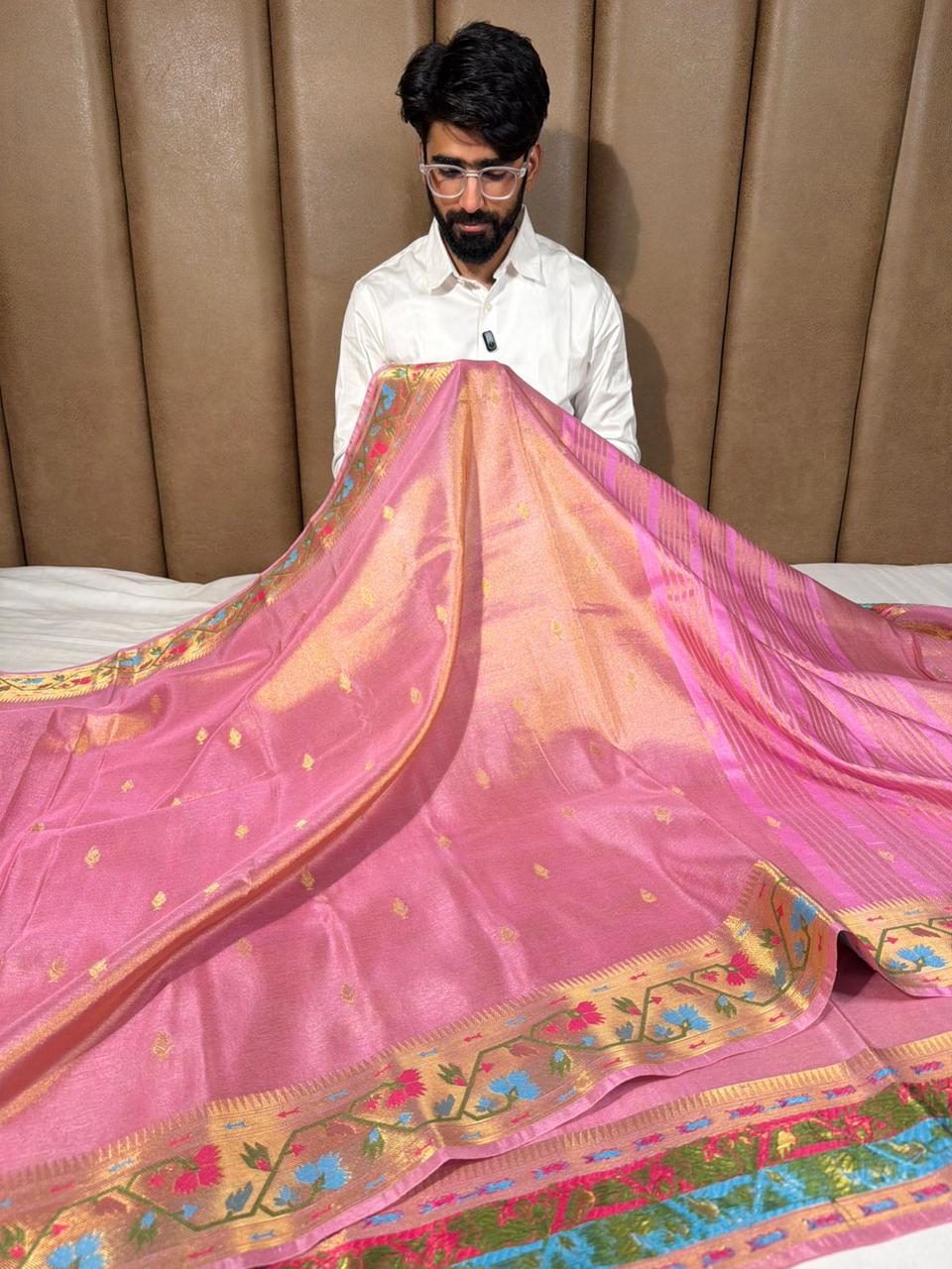 Baby Pink Ikkat Border Premium Tissue Banarasi Saree