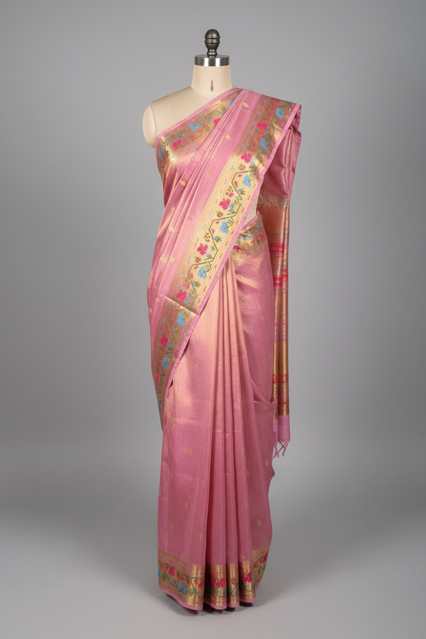 Baby Pink Ikkat Border Premium Tissue Banarasi Saree