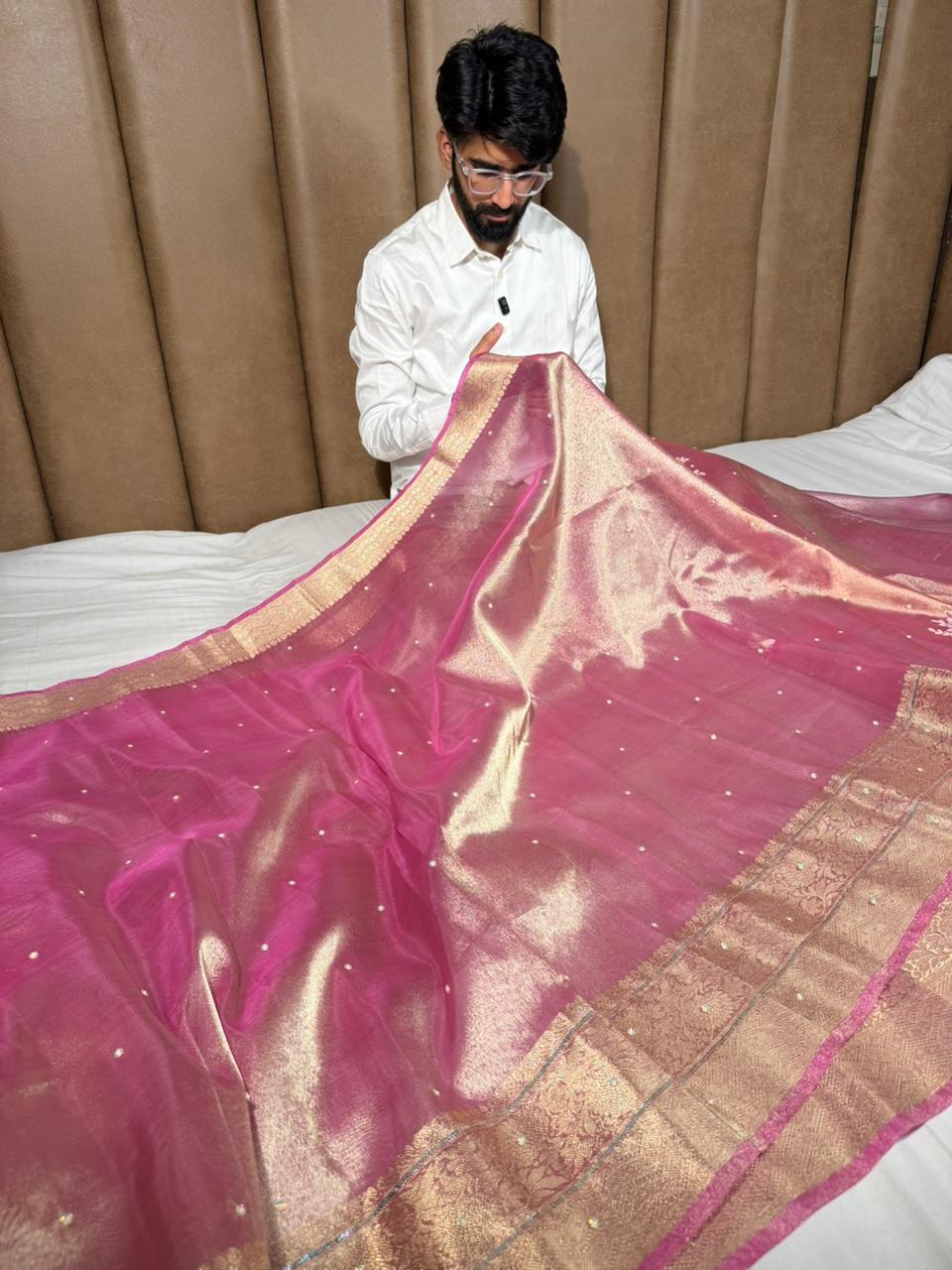 Barbie Pink Kora Tissue Silk Embroidered Saree