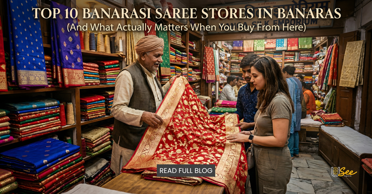 Customer buying red Banarasi silk saree in Varanasi shop with wide collection – top Banarasi saree stores guide