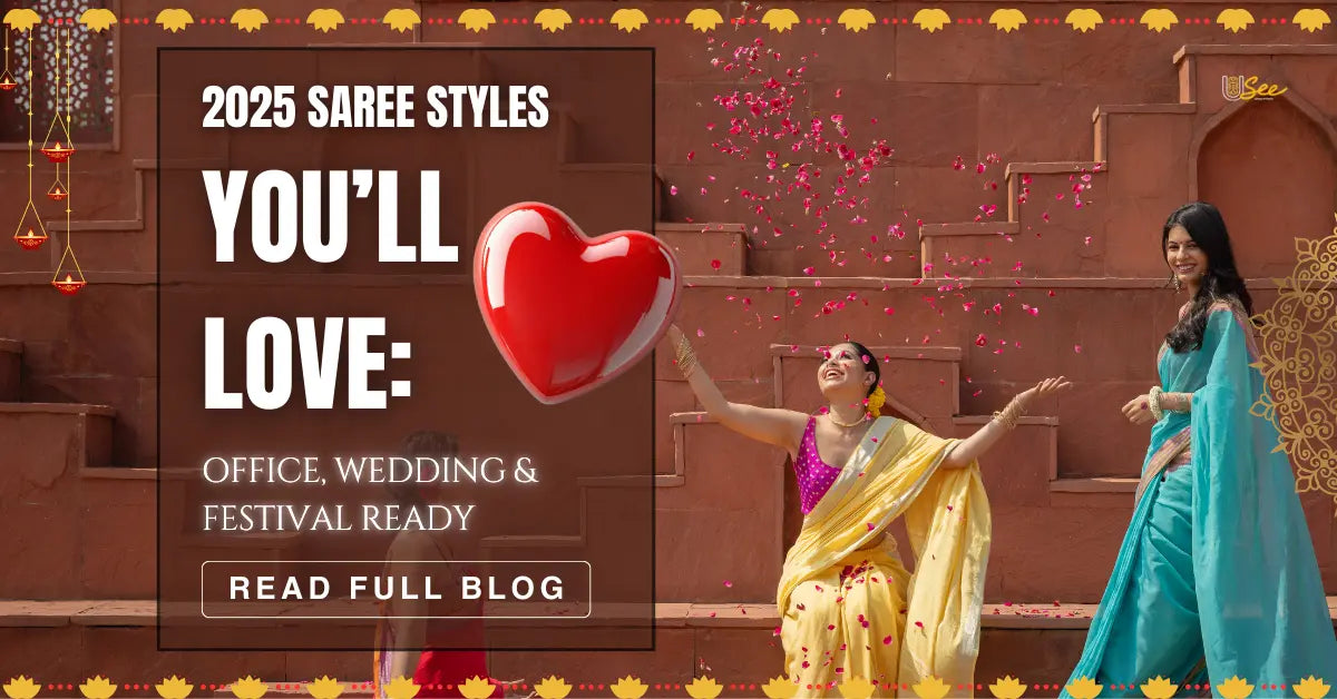 Two women in sarees with a heart icon and text about 2025 saree styles.