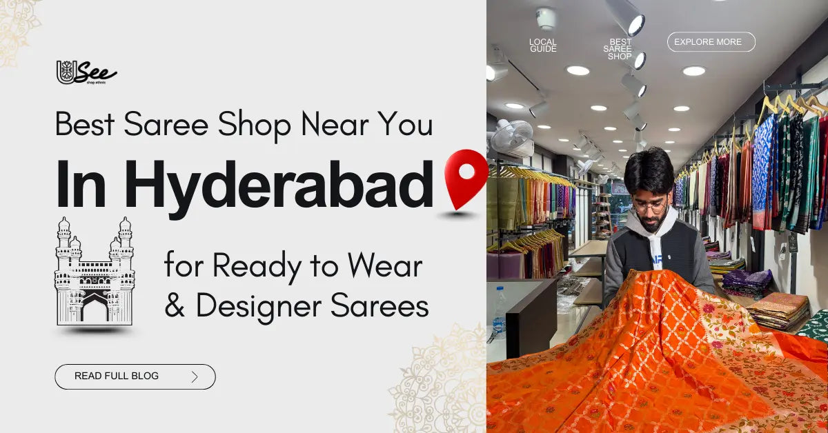 Advertisement for a saree shop in Hyderabad with a person examining a saree.