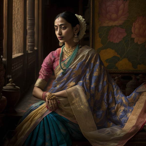a woman wearing beautiful organza silk banarasi sarees portraying its culture, history, design and fabric