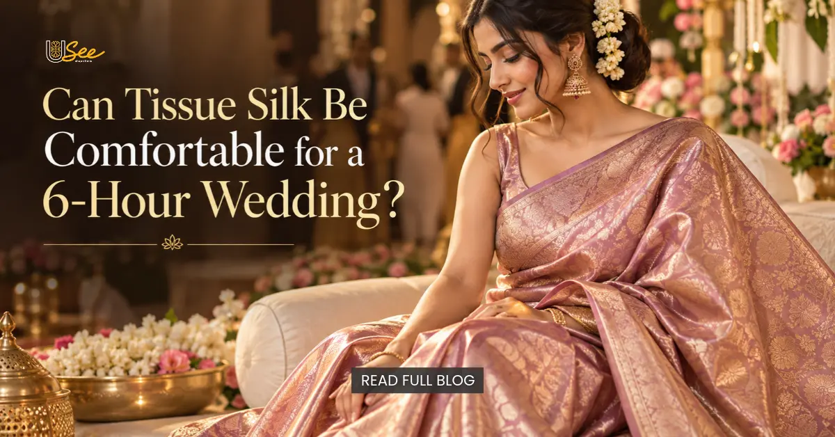 Elegant woman wearing a pink-gold tissue silk saree at a wedding, with the headline “Can Tissue Silk Be Comfortable for a 6-Hour Wedding?