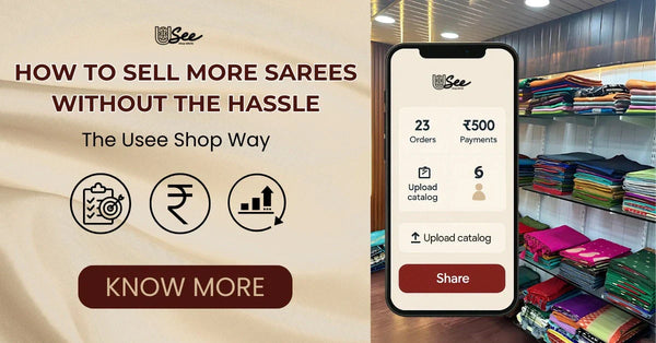 The Usee Shop app interface showcasing easy saree selling with order and payment stats, set against a saree store background.